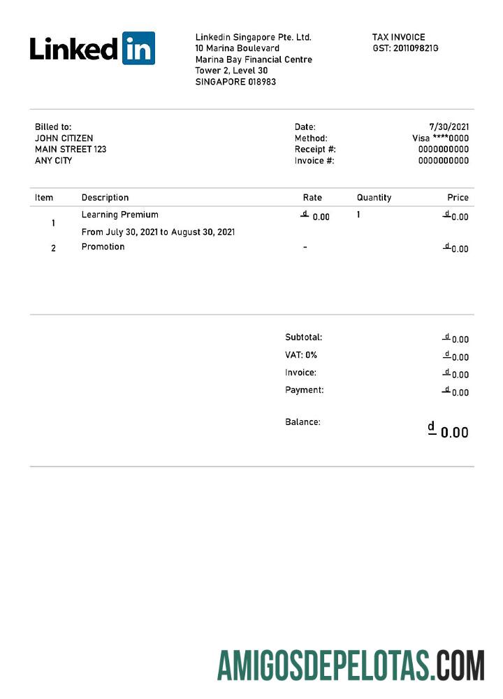 imprimível Modelo de fatura do Linkedin dos EUA